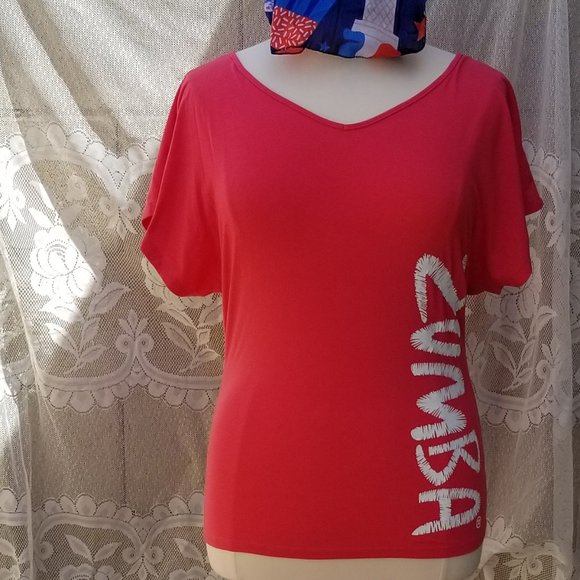 Zumba Wear Red V-neck Tee with White ZUMBA lettering Size M/L - Picture 3 of 8